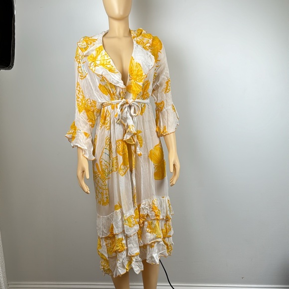 Vintage Yellow Floral Ruffle Wrap swim cover up kimono Dress Sz 2X - Picture 2 of 12